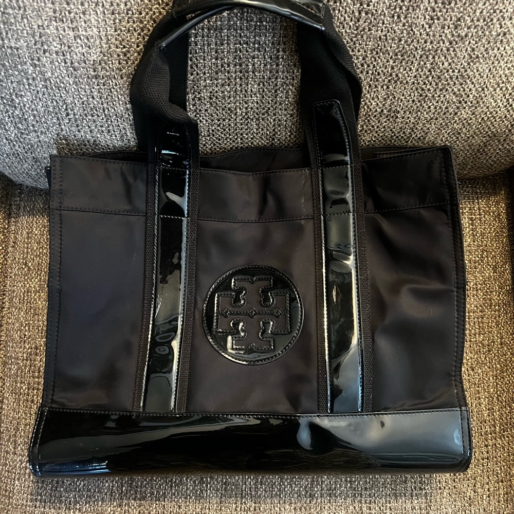 Tory Burch Black Tote with Glossy Details